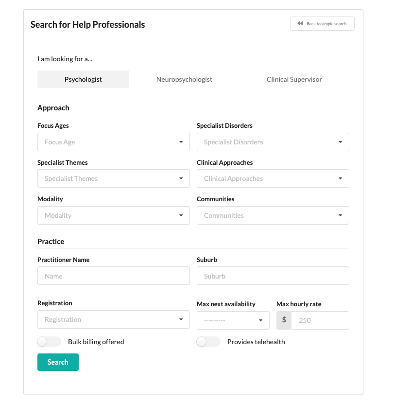 Help Link advanced clinical search for a psychologist