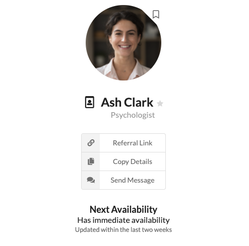 Help Link profile showing that psychologist details can be copied or a unique referral link can be created for patients