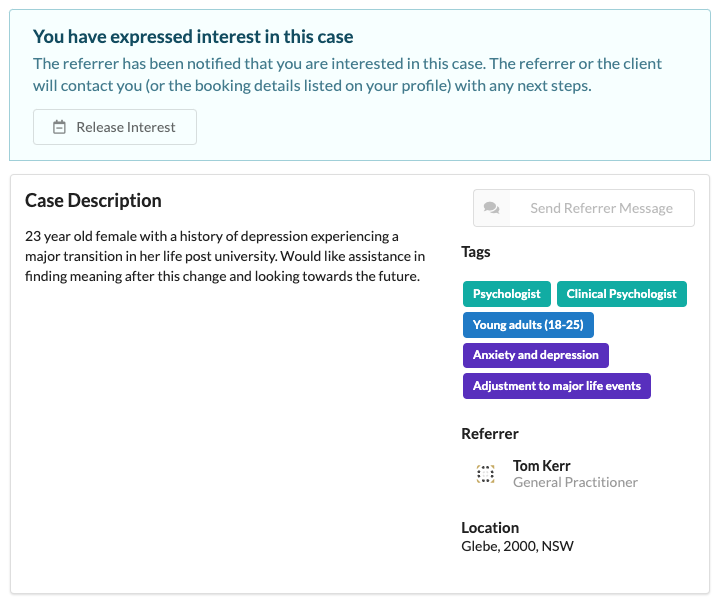 Patient case that a Help Link psychologist has expressed interest in