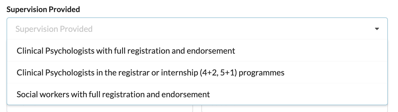 dropdown choices to search for a psychologist supervisor on Help Link